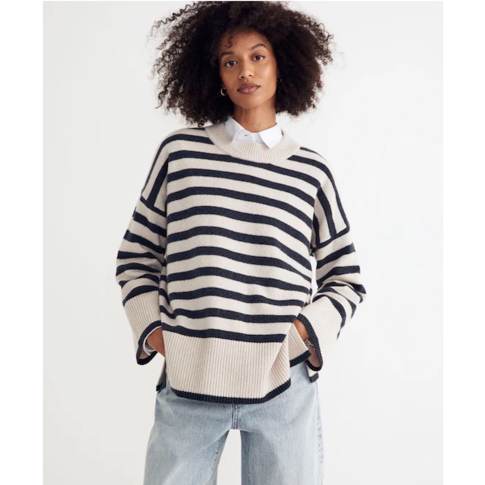 $188 Madewell (Re)sourced Cashmere Wool Blue Gray Stripes Oversized Sweater Sz S